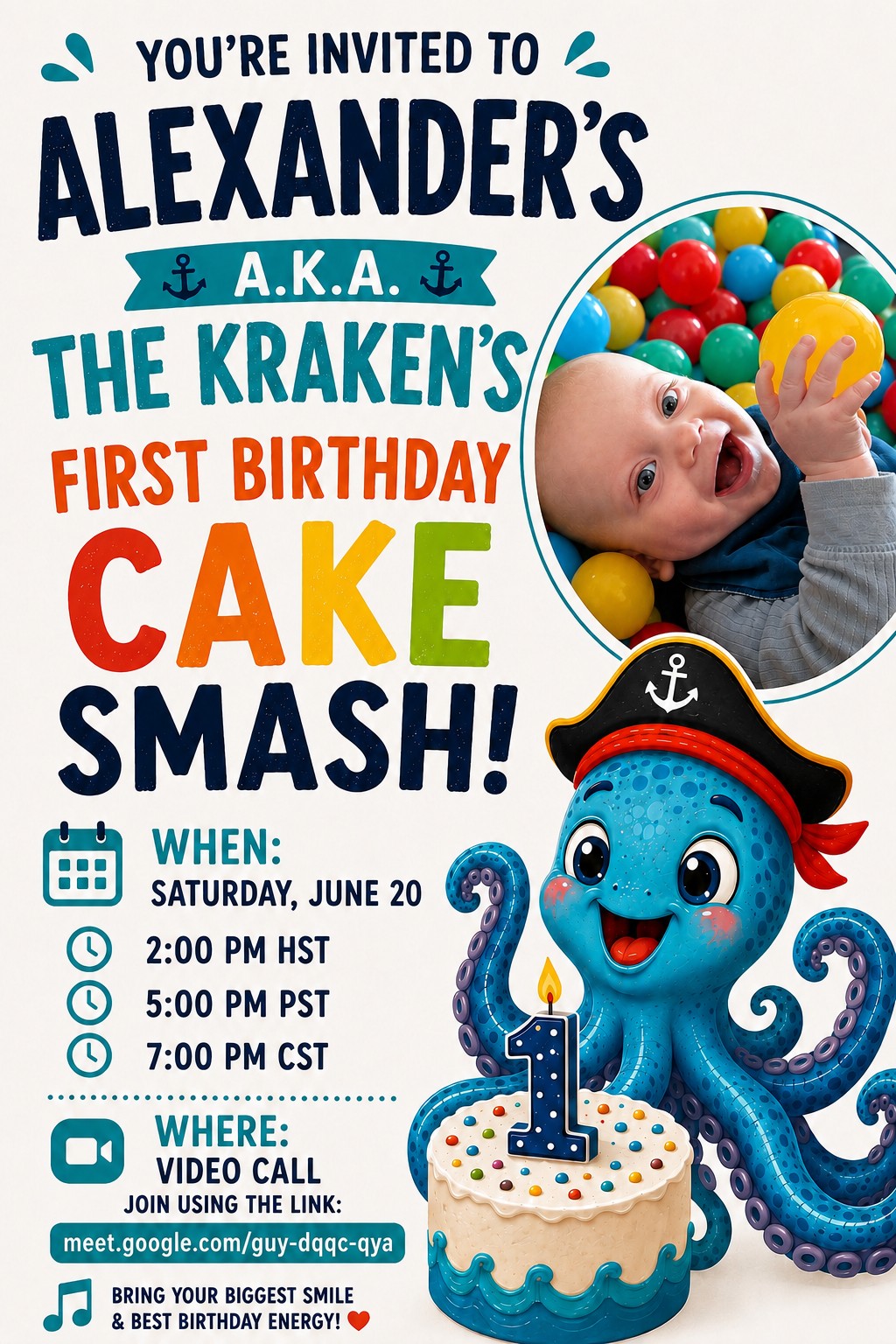 Invitation for Alexander's first birthday cake smash video call